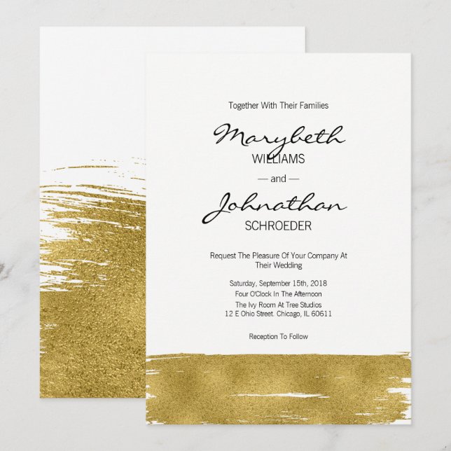 Moderne Imitate Gold Brushstroke Wedding Card Einladung (Vorne/Hinten)