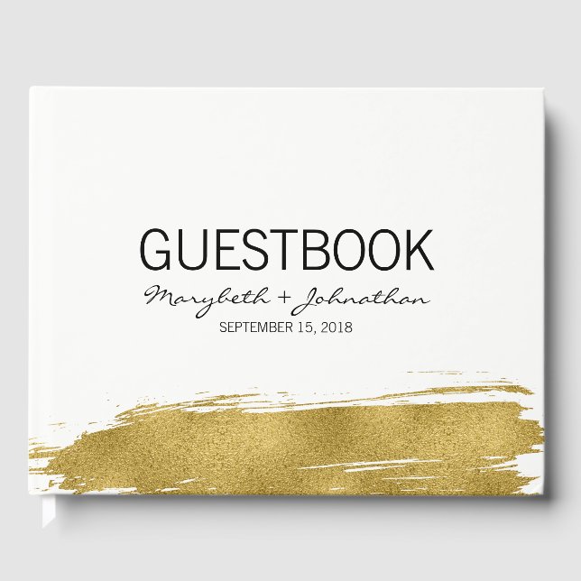 Moderne Imitate Gold Brushstroke Wedding Guest Boo Gästebuch (Vorderseite)