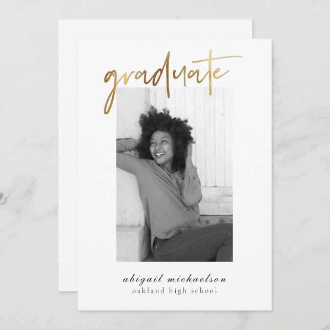 Moderne Imitate Gold Foto Graduation Party Einladung (Vorne/Hinten)