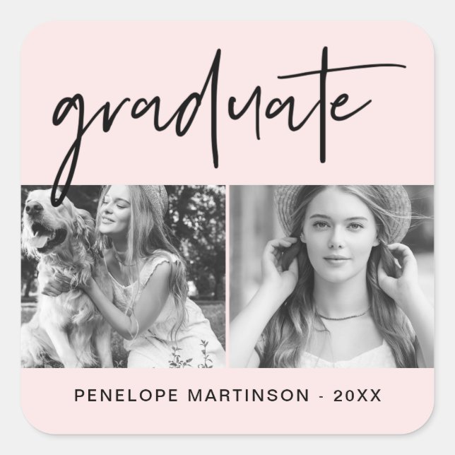 Moderne Imitate Gold Graduate Script Foto Grid Blu Quadratischer Aufkleber (Vorderseite)
