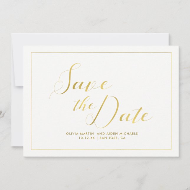 Moderne Imitate Gold Save the Date in Weiß (Vorderseite)
