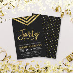 Moderne Imitate Gold Zickzack 40. Geburtstag Party Einladung<br><div class="desc">Moderne 40. Geburtstagseinladung mit elegantem geometrischem Zickzack und dem Wort "40" in Imitaten Gold vor schwarzem Hintergrund. Die Karte enthält ein passendes Muster auf der Rückseite. Karo die passenden Elemente hier http://www.zazzle.com/collections/modern_faux_gold_chevron_celebration_collection-119531050277382712?rf=238364477188679314 Personalisieren Sie sie, indem Sie den Platzhalter-Text ersetzen, um Ihre Informationen hinzuzufügen. Für weitere Optionen klicken Sie auf die...</div>