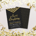 Moderne Imitate Gold Zickzack Sweet 16 Geburtstag Einladung<br><div class="desc">Modern Sweet 16 Birthday Einladung mit einem eleganten geometrischen Zickzack und das Wort "16 . Geburtstag" in Imitat Gold vor einem schwarzen Hintergrund. Die Karte enthält ein passendes Muster auf der Rückseite. Karo die passenden Elemente hier http://www.zazzle.com/collections/modern_faux_gold_chevron_celebration_collection-119531050277382712?rf=238364477188679314 Personalisieren Sie sie, indem Sie den Platzhalter-Text ersetzen, um Ihre Informationen hinzuzufügen. Für...</div>