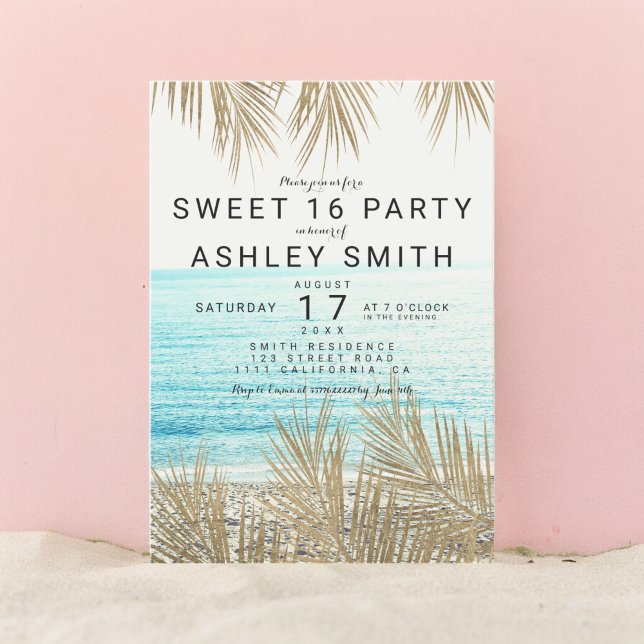 Moderne Imitate Goldpalme Strand Foto Sweet 16 Einladung (Modern faux gold palm tree beach photo Sweet 16 Invitation)