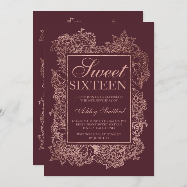 Moderne Imitate mit Blumenmotiven Rose goldbordeau Einladung (Vorne/Hinten)