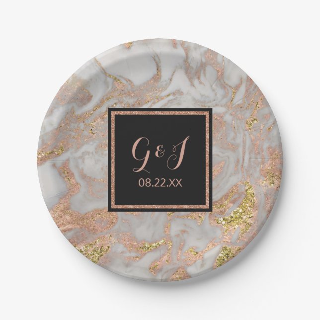 Moderne Imitate Rose Gold-Marmor Monogram Hochzeit Pappteller (Vorderseite)