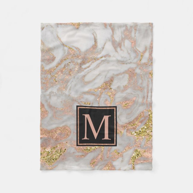 Moderne Imitate Rose Gold Marmor Swirl Monogramm Fleecedecke (Vorderseite)