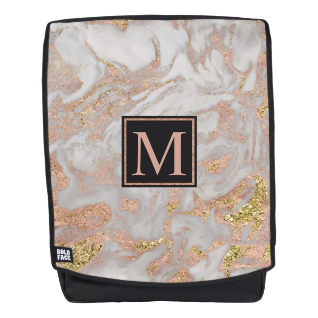 Moderne Imitate Rose Gold Marmor Swirl Monogramm Rucksack (Vorderseite)