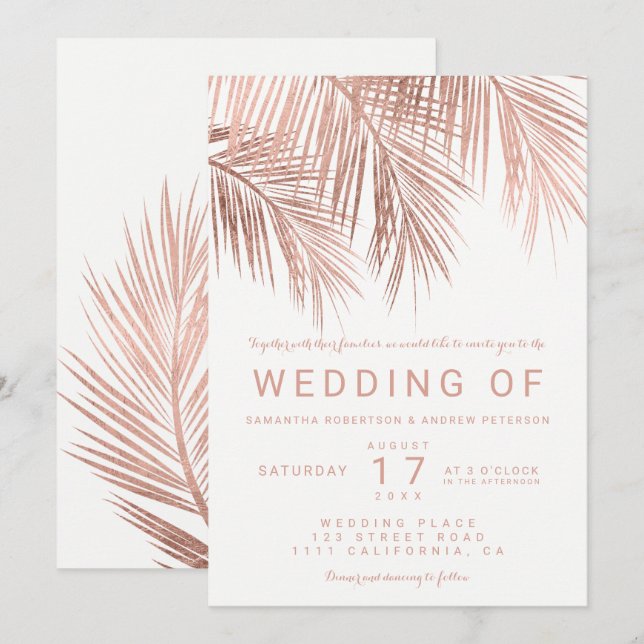 Moderne Imitate Rose Goldene Palmen Hochzeit Einladung (Vorne/Hinten)