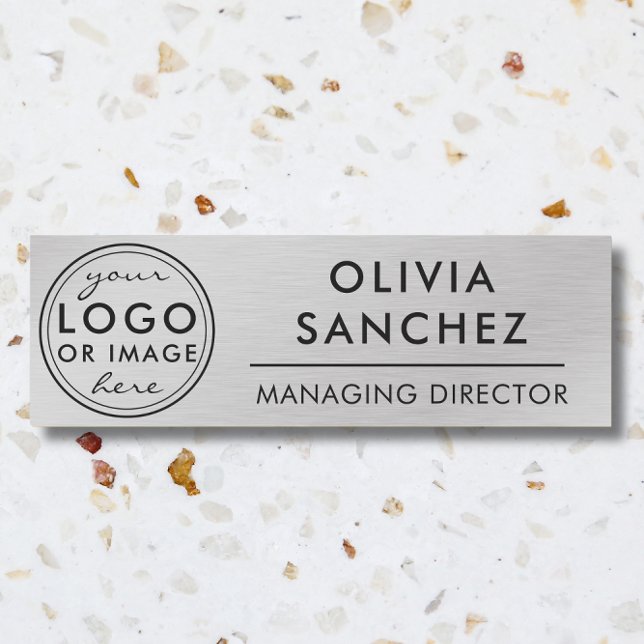 Moderne Imitate - Silver Business Logo-Tag Namensschild (Modern Faux Silver Business Logo Name Tag)