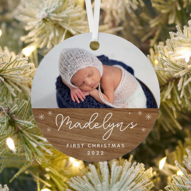 Moderne Imitate Wood Baby's erstes Weihnachtsfest  Ornament Aus Metall (InSitu)