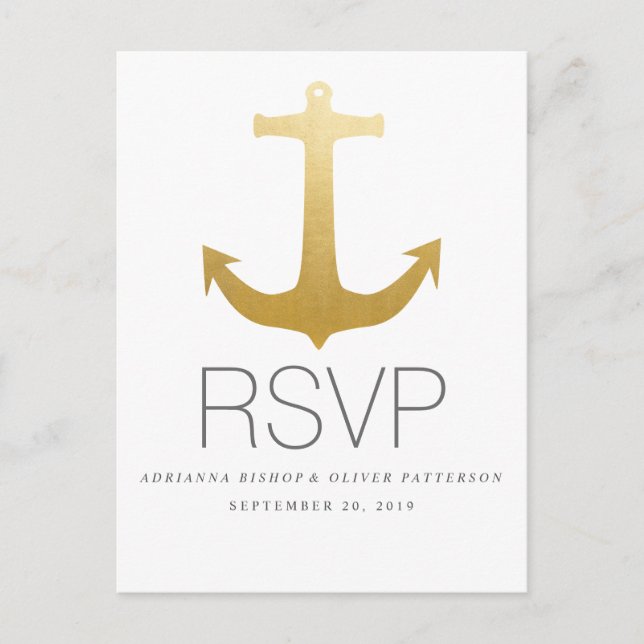 Moderne Imitats Gold Foil Anchor Nautical Wedding  Einladungspostkarte (Vorderseite)
