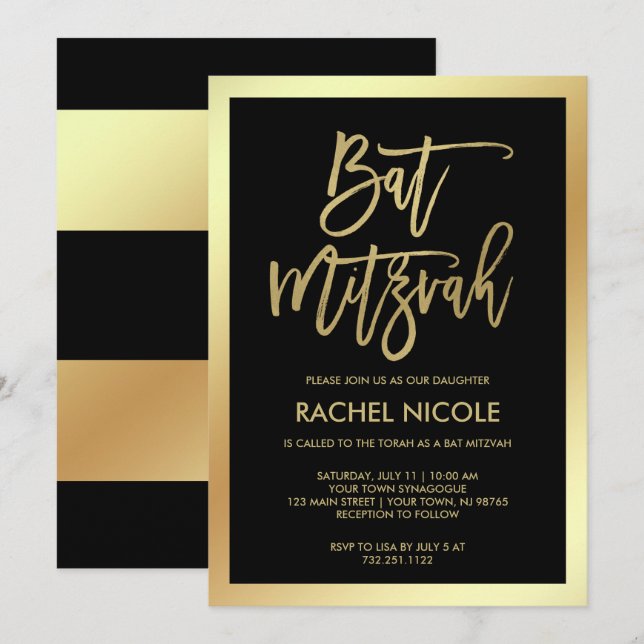 Moderne Imitats Gold und Black Bat Mitzvah Einladu Einladung (Vorne/Hinten)