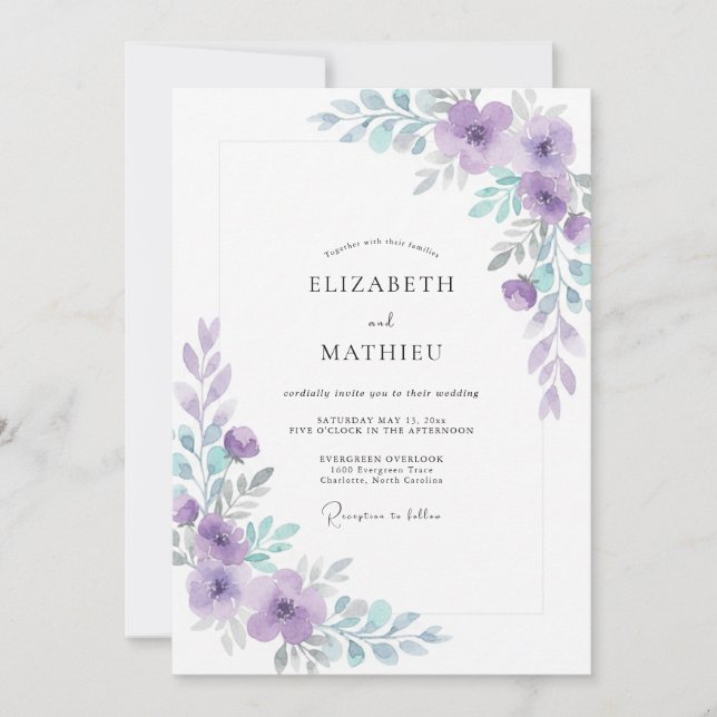 Moderne Immergrün-Violette-Blatt-Hochzeit Einladung (Vorderseite)