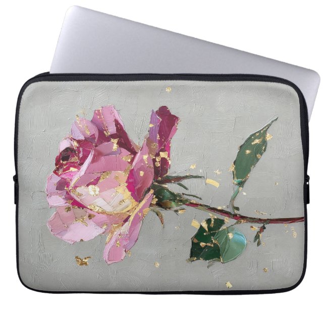 Moderne impressionistische Goldblatt-Rosa-Rosenölf Laptopschutzhülle (Vorderseite)