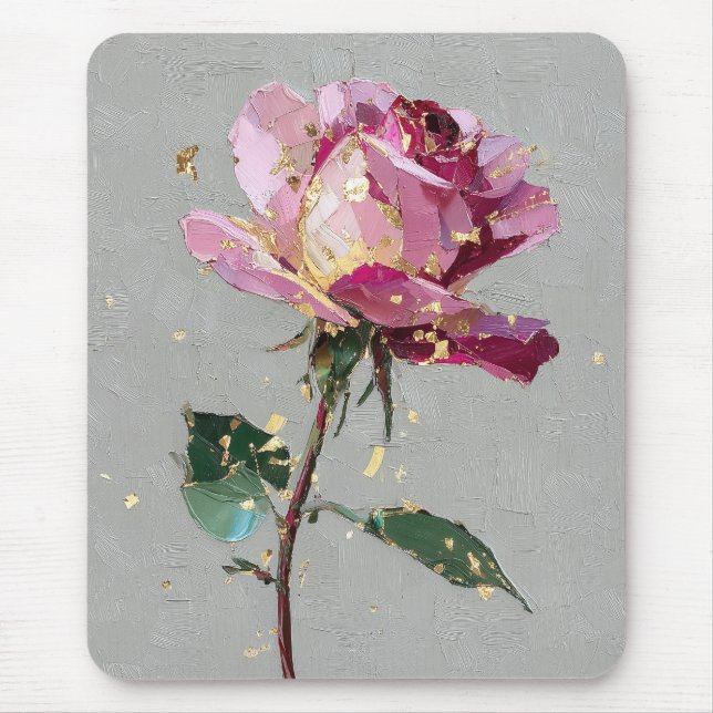 Moderne impressionistische Goldblatt-Rosa-Rosenölf Mousepad (Vorne)
