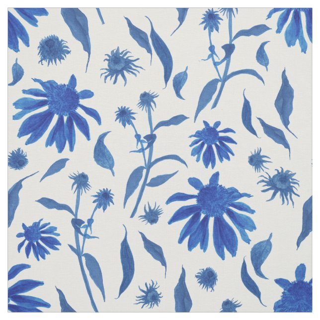 Moderne Indigo Blue Cone Blume auf Weiß Stoff (Muster)