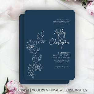 Moderne Indigo Blue Foliage Kontur Hochzeit Einladung