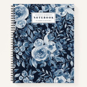 moderne indigo floral wassercolor name marineblau notizbuch