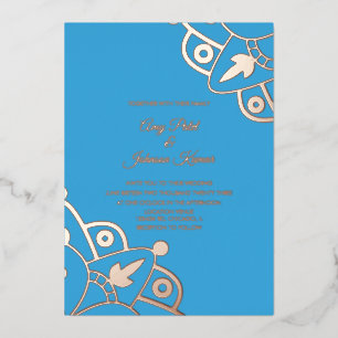 Moderne indische Mandala Blue Wedding gepresst Folieneinladung