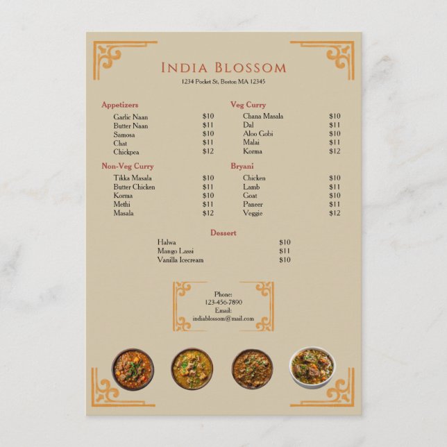 Moderne indische Restaurant-Speisekarte mit golden Menükarte (Vorderseite)