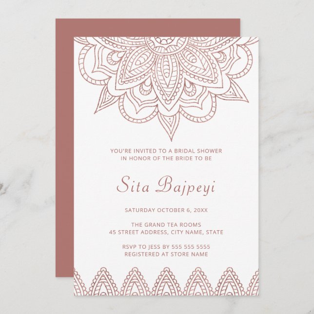 Moderne indische Rose Gold Mehndi Hindu Brautparty Einladung (Vorne/Hinten)