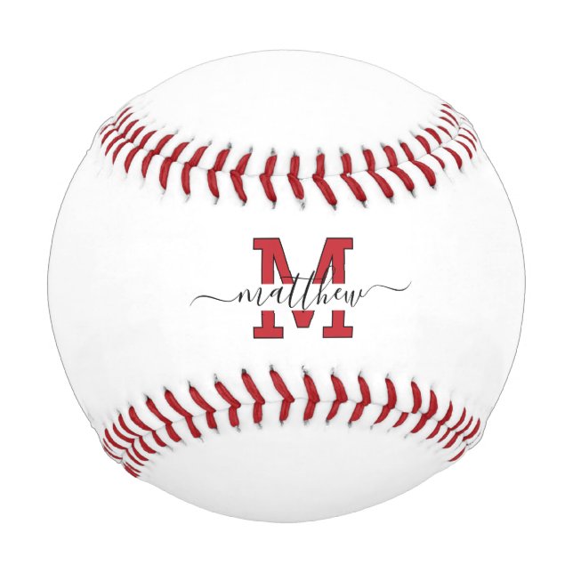Moderne individuelle rote und schwarze Monogramm-M Baseball (Vorderseite)