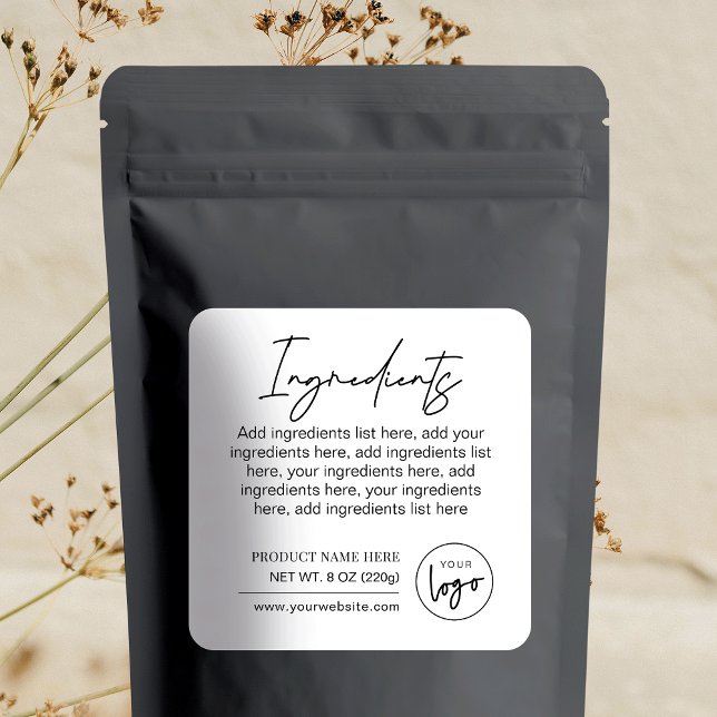 Moderne Inhaltsstoffe für Schwarz-weiße Markenbeze Quadratischer Aufkleber (Simple ingredients sticker with your logo, can be used on boxes, pouches, boxes etc.)