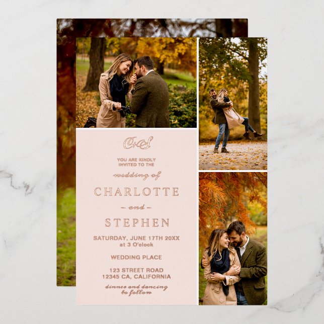 Moderne Initialen 4 Fotos Grid Hochzeit rot Rosa Folieneinladung (Vorderseite/Rückseite)