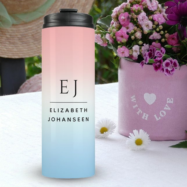 Moderne Initialen Monogram Blue Pink White Gradien Thermosbecher (Von Creator hochgeladen)
