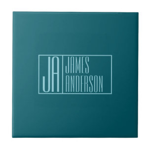 Moderne Initialen & Name Dunkles Teal & Hellblau Fliese