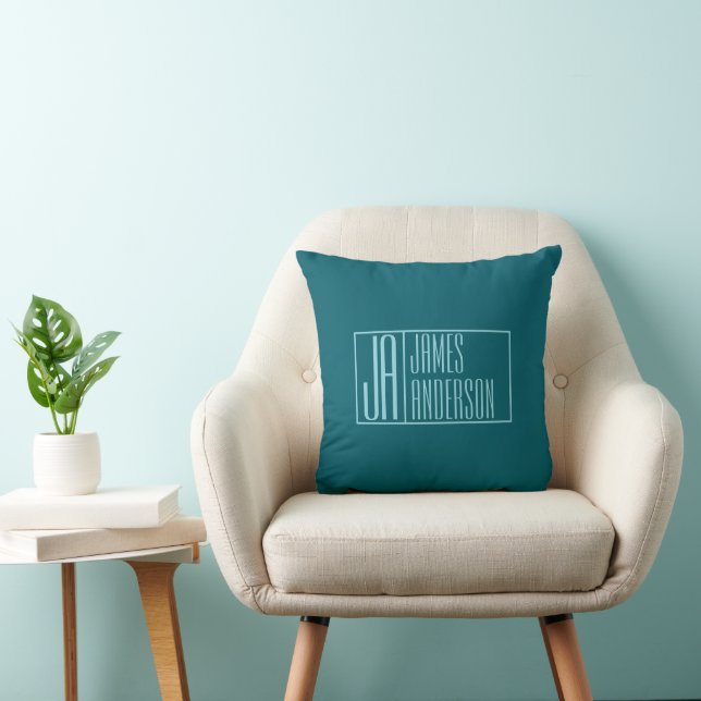 Moderne Initialen & Name | Dunkles Teal & Hellblau Kissen (Stuhl )
