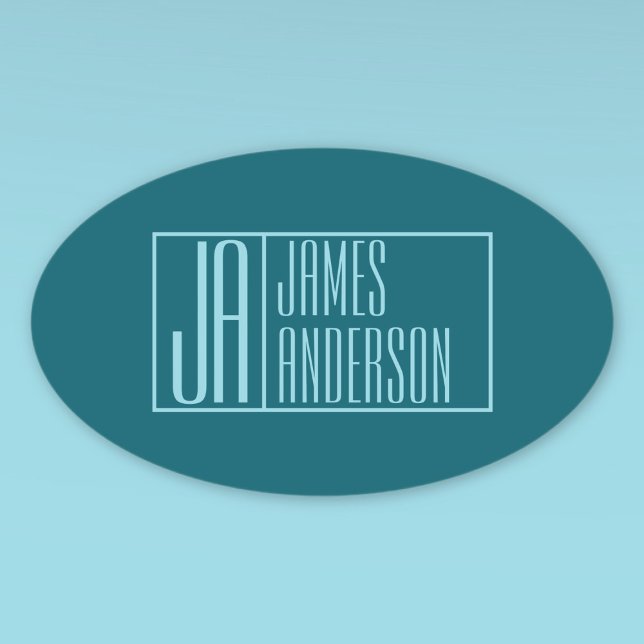 Moderne Initialen & Name | Dunkles Teal & Hellblau Ovaler Aufkleber (Von Creator hochgeladen)