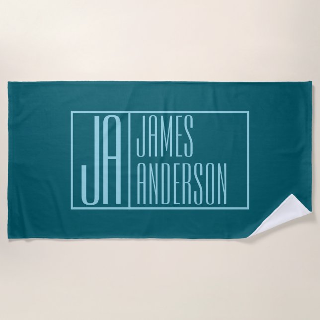 Moderne Initialen & Name | Dunkles Teal & Hellblau Strandtuch (Vorderseite)
