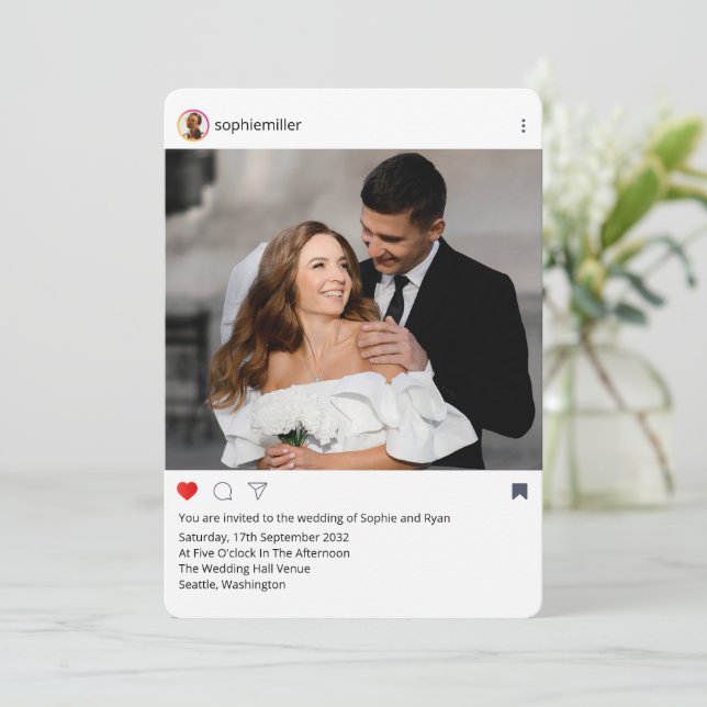 Moderne Instagram-Rahmen-Hochzeitsfotos individuel Einladung (Stehend Vorderseite)