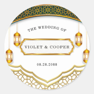 Moderne islamische Hochzeit in Weiß und Gold Runder Aufkleber