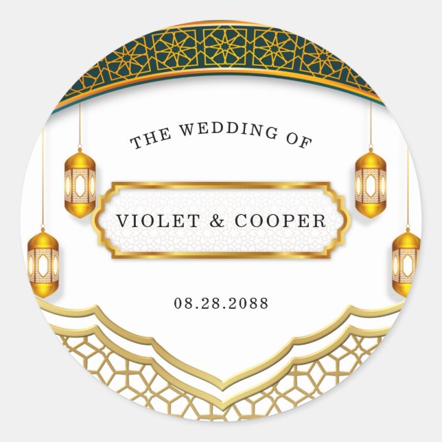 Moderne islamische Hochzeit in Weiß und Gold Runder Aufkleber (Vorderseite)