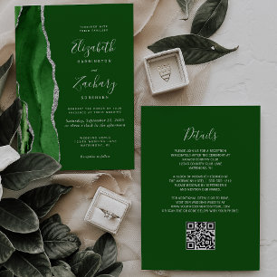 Moderne Jägergrün Silber Achat QR Code Hochzeit Einladung