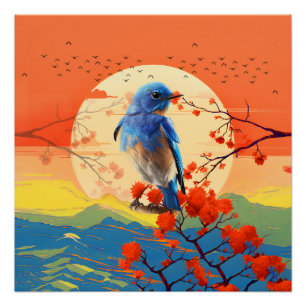 Moderne japanische Natur Vogel in Blütenlandschaft Poster