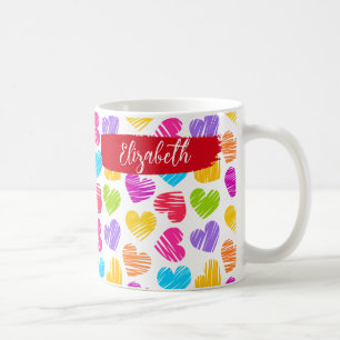Moderne, junge, lebendige, doodled Herz-Muster Nam Kaffeetasse