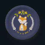 Moderne Jungen-Babyparty Fox Pappteller<br><div class="desc">Babyduschen-Papier-Teller,  der eine Illustration eines Fuchses umgeben durch einen Wreath mit Illustrationen des Blätter einer Eichel und der Blumen kennzeichnet.</div>