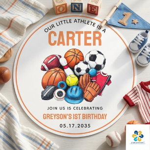 Moderne Jungen Sportbälle All Star 1. Geburtstag Runder Aufkleber