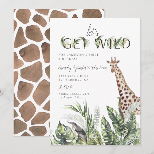 Moderne Jungle Greenerie | Giraffe Birthday Einladung (Vorne/Hinten)