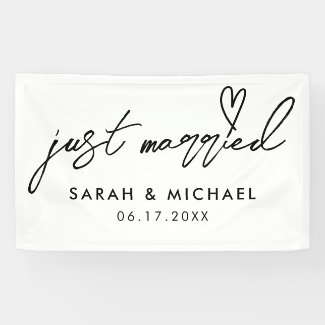 Moderne Just Married Elegante Kalligraphie Hochzei Banner (Horizontal)