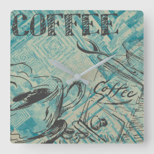Moderne Kaffee-Kunst-Skizze Blau Quadratische Wanduhr