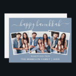 Moderne Kalligrafie 3 Foto Happy Hanukkah Blue Feiertagskarte<br><div class="desc">Modern Trendy Calligraphy Script 3 Foto Family Foto Collage Happy Hanukkah Card - Dusty Blue</div>