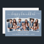 Moderne Kalligrafie 3 Foto Happy Hanukkah Blue Feiertagskarte<br><div class="desc">Modern Trendy Calligraphy Script 3 Foto Family Foto Collage Happy Hanukkah Card - Dusty Blue</div>