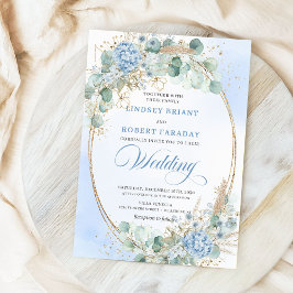 Moderne Kalligrafie Blaue Florale Goldene Hochzeit Einladung
