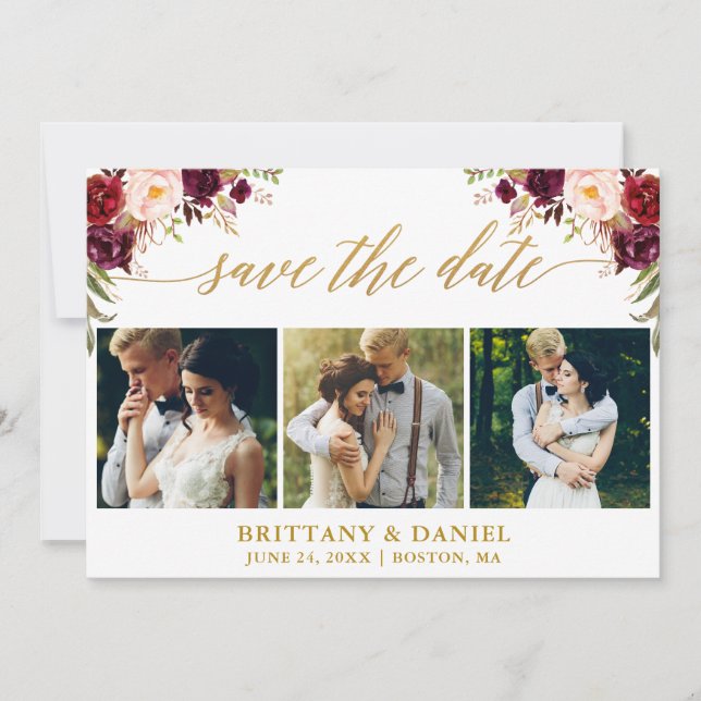 Moderne Kalligrafie Burgund Floral 3 Foto Gold Save The Date (Vorderseite)