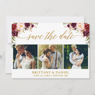 Moderne Kalligrafie Burgund Floral 3 Foto Gold Save The Date